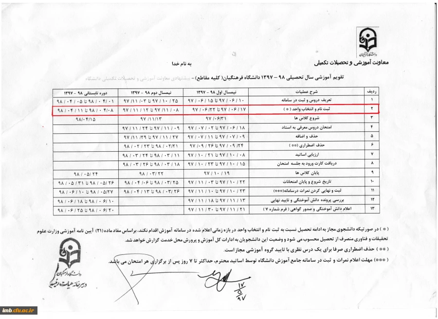 اصلاحیه تقویم آموزشی سال تحصیلی 98-97 دانشگاه فرهنگیان 2