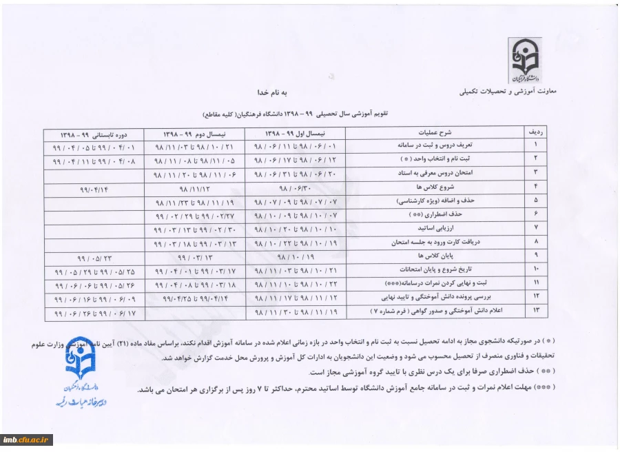 تقویم آموزشی سال تحصیلی 98-97  دانشگاه فرهنگیان 2